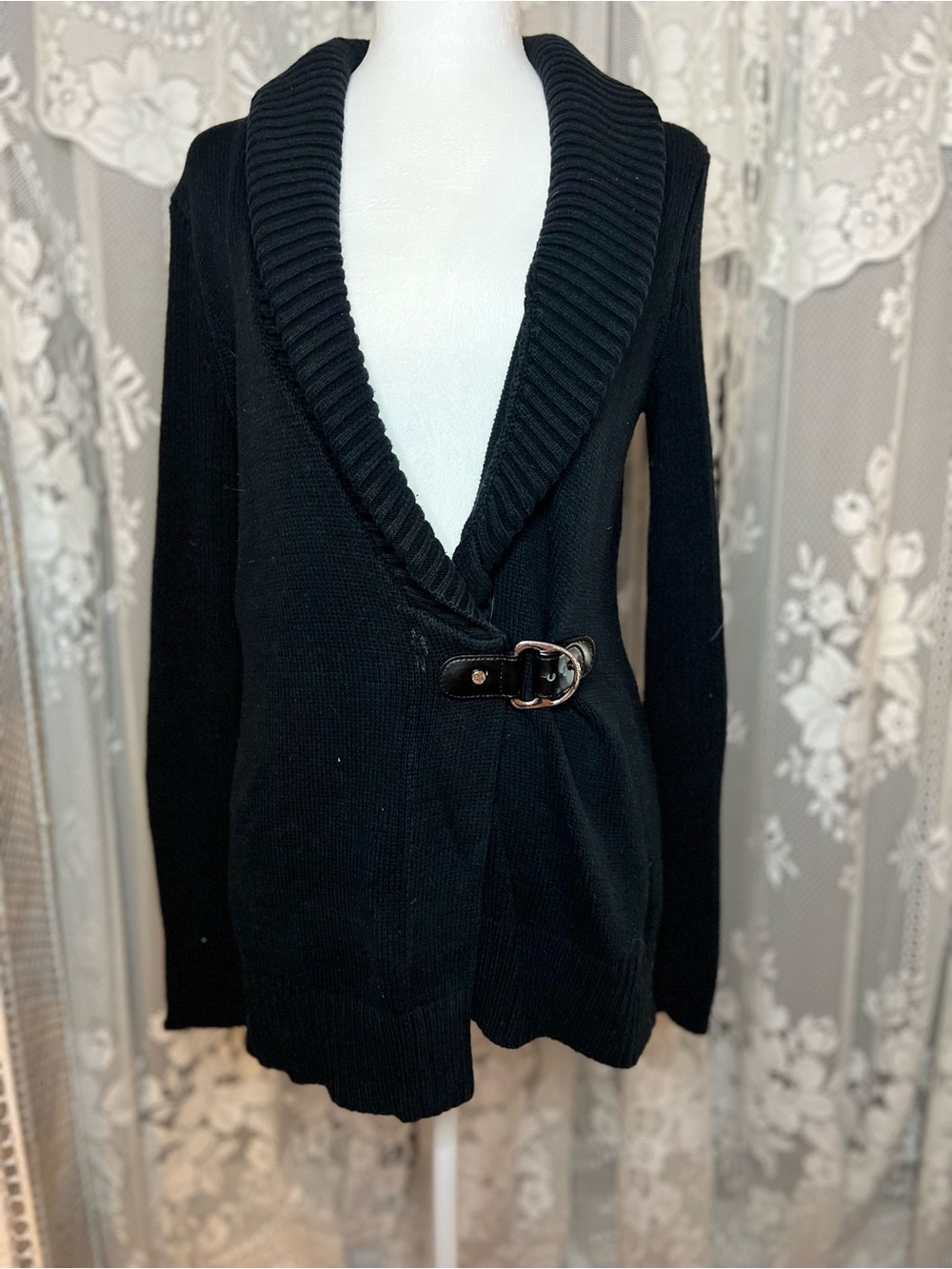 Lauren Ralph Lauren Black Shawl-Collar Cardigan with Side Buckle Small